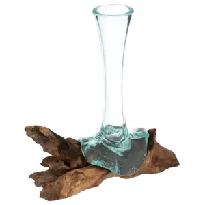 Produkt Foukaná skleněná váza na teakovém dřevě, 25 cm